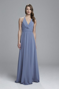 AMSALE MAIDS JENNIFER - BLACK BRIDESMAID DRESS FROM AMSALE BRIDESMAIDS WITH V NECK AND CRISS CROSS WAIST. SHOWN IN BLACK AND SLATE.