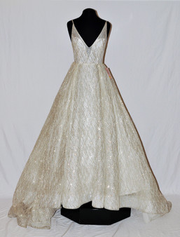 Lazaro 3662 Ivory silver shimmer tulle bridal ball gown, V neckline front and back, sweetheart lined bodice, natural waist, box pleated skirt, chapel train.