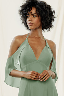 Spaghetti strap halter top bridesmaids dress with drapey sleeves in chiffon.