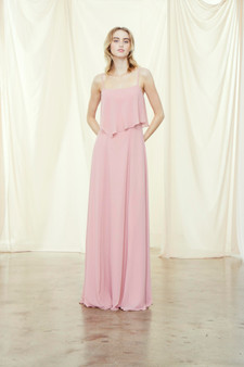Spaghetti strap bridesmaids dress with asymmetrical ruffle overlay in flat chiffon.