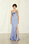 Drape neckline with low back, fit-to-flare dress with slit in fluid satin.