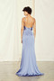 Drape neckline with low back, fit-to-flare dress with slit in fluid satin.