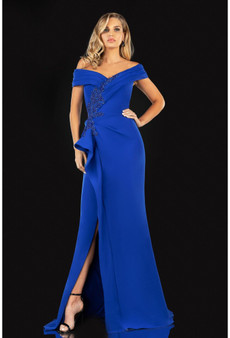 Pleated off shoulder wrap collar leads to a side drape with matching bead applique.