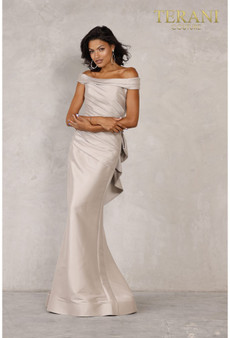 Pleated off shoulder collar gown with short sleeve, mock 2 piece dress with bead waist band.