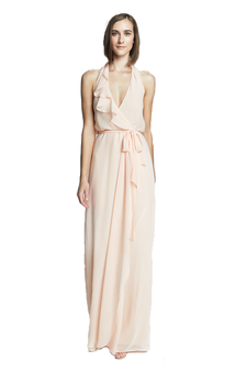 Nouvelle Amsale ERICA
Criss-cross ruffle halter chiffon bridesmaid dress shown in Nude.

Style N320