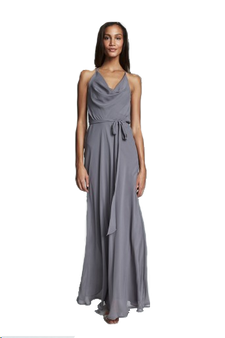 Nouvelle Amsale ALYSSA Cowl halter neck bridesmaid dress with circle skirt shown in Granite. Style N343